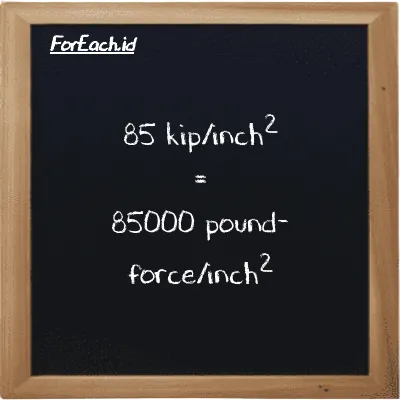 How to convert kip/inch<sup>2</sup> to pound-force/inch<sup>2</sup>: 85 kip/inch<sup>2</sup> (ksi) is equivalent to 85 times 1000 pound-force/inch<sup>2</sup> (lbf/in<sup>2</sup>)